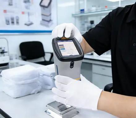 Technician inspecting a laser-cut metal part with a handheld digital measuring device