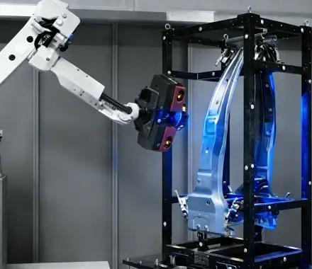 High-precision measurement probe inspecting a metallic engine cylinder head component