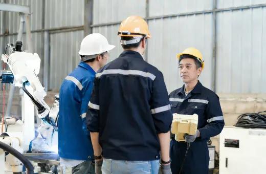 Certified welding engineering team reviewing controls on the shop floor