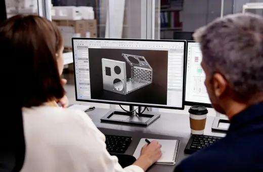 Engineering team reviewing customized welding solutions on CAD workstation