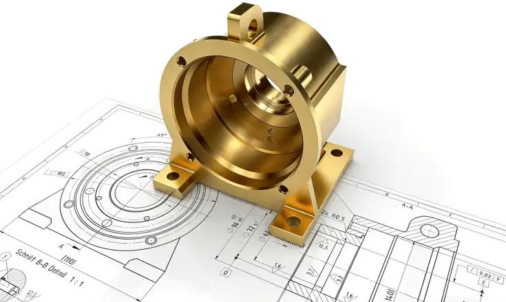 Gold CNC machined part on engineering blueprint showcasing surface finishing quality