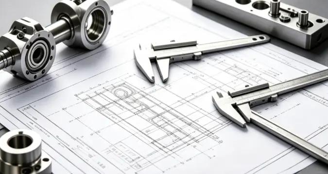 Precision components and calipers on an engineering drawing