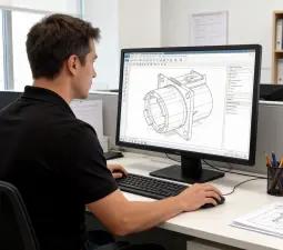 Robotic systems engineers reviewing CAD optimization for automation parts